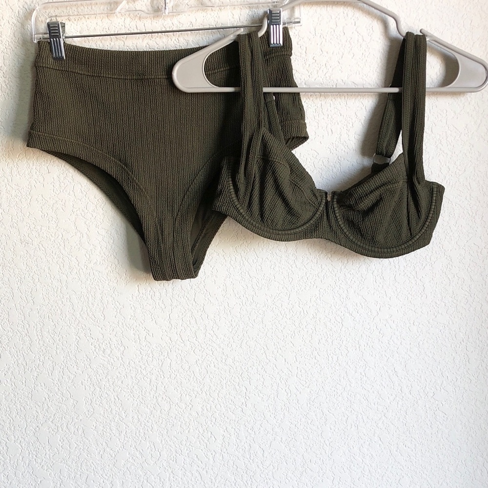 Elce Swim Bikini Set Olive Green Bra Top High Waisted Bottoms Medium